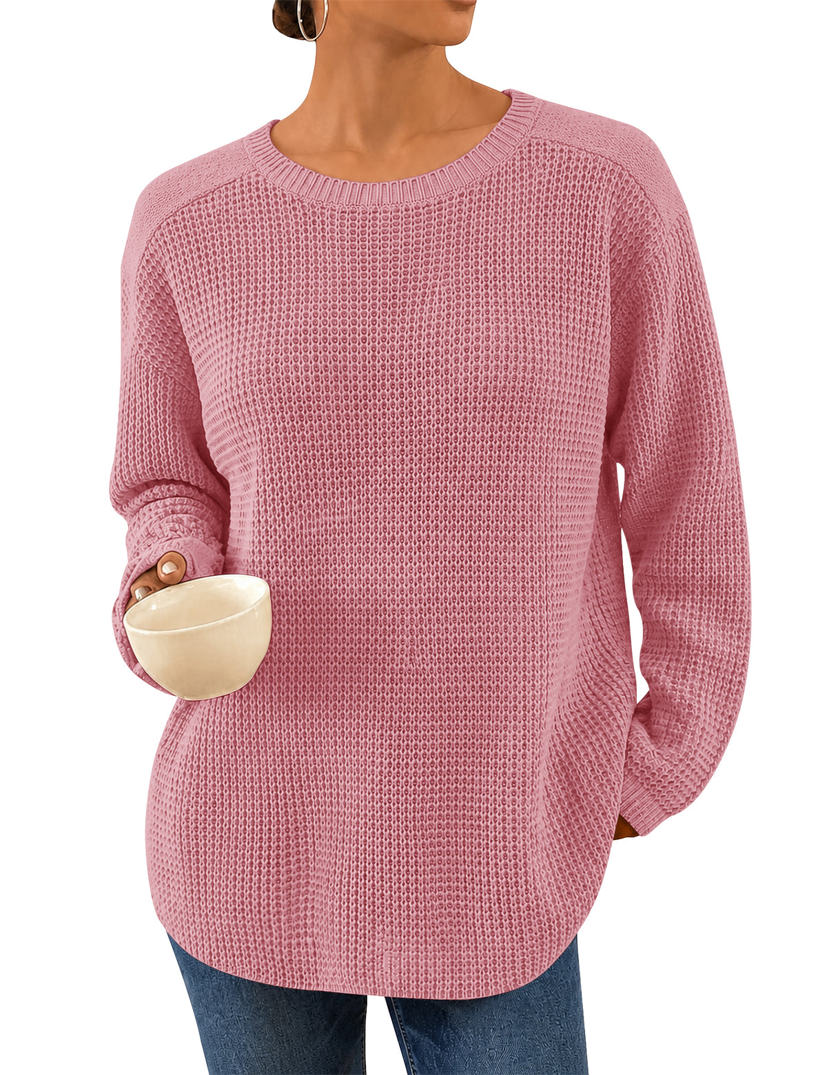 LOMON Womens Sweaters Crewneck Waffle Knit Top Winter Fall Fashion Clothing