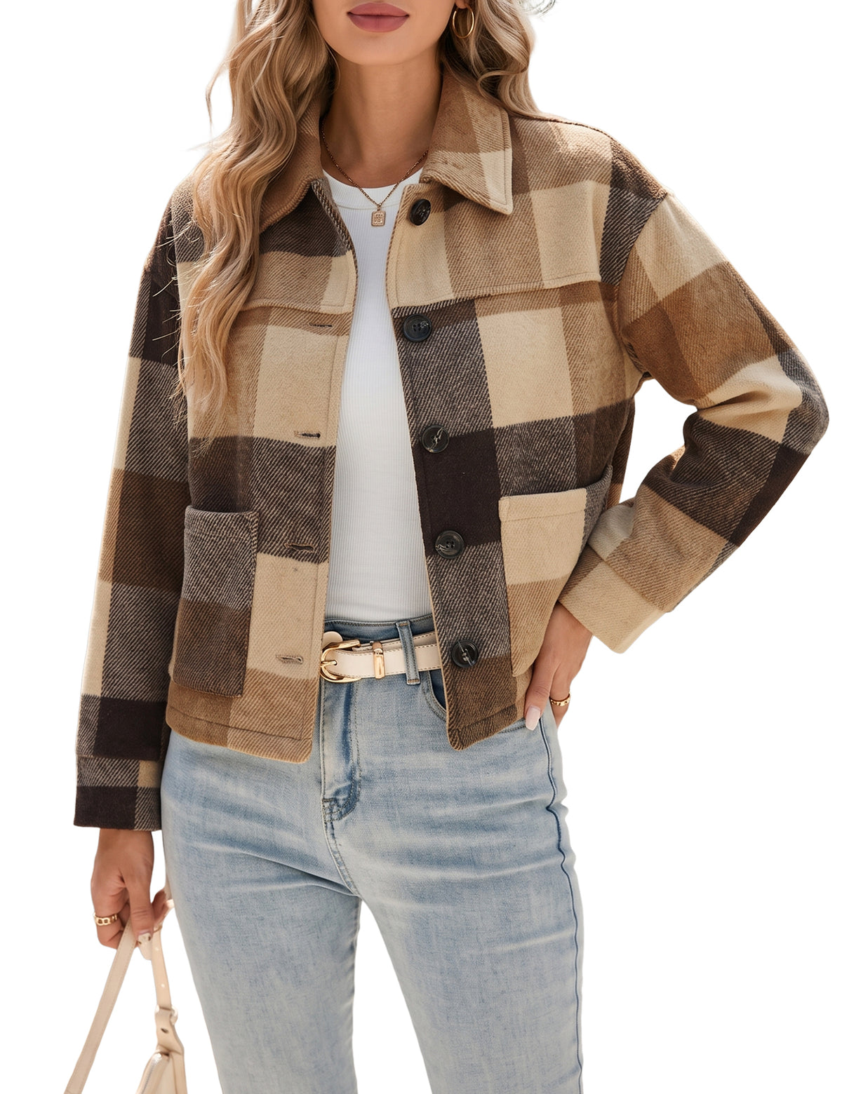 LOMON Women's Flannel Cropped Plaid Shacket Jacket Button Down Fall Outfits