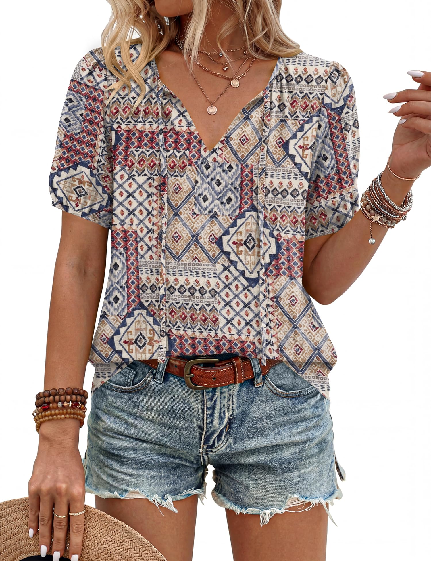 LOMON Boho Tops for Women Summer V-Neck Tie Front Peasant Blouses Casual Puff Sleeve Loose-Fit Flowy Shirts Beach Vacation