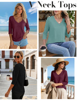 LOMON 3 Pack Tops for Women 3/4 Sleeve V Neck Basics Tees Business Casual Summer T Shirts