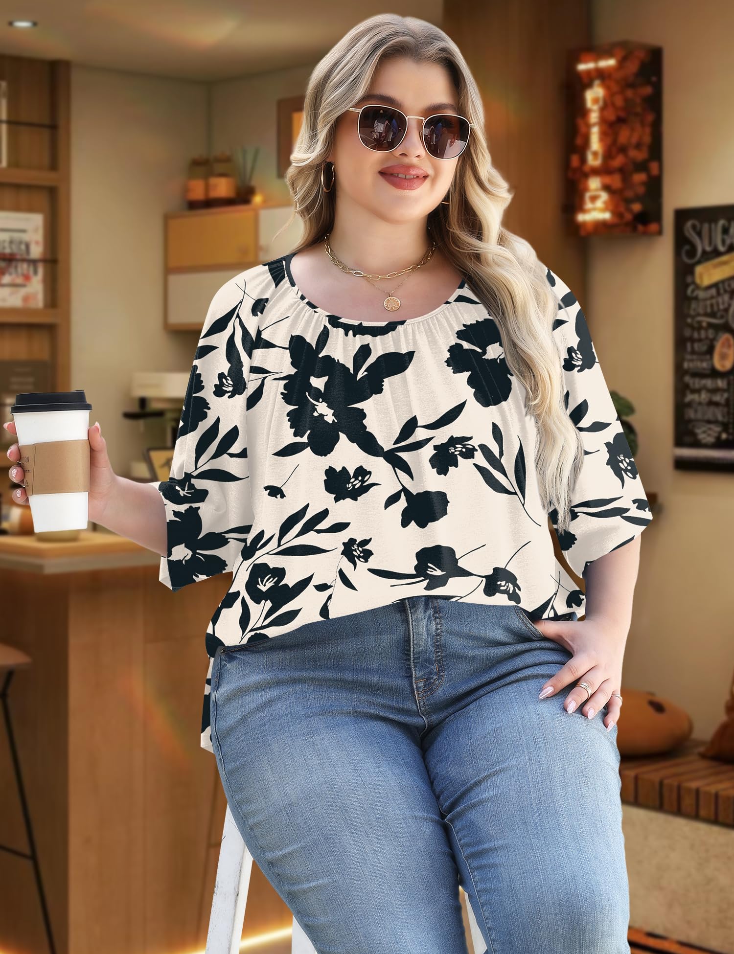 LOMON Womens Plus Size Tops Summer 3/4 Length Sleeve Crewneck Blouses Dressy Casual Loose Curvy Flowy Tunic Shirts 1X-5X