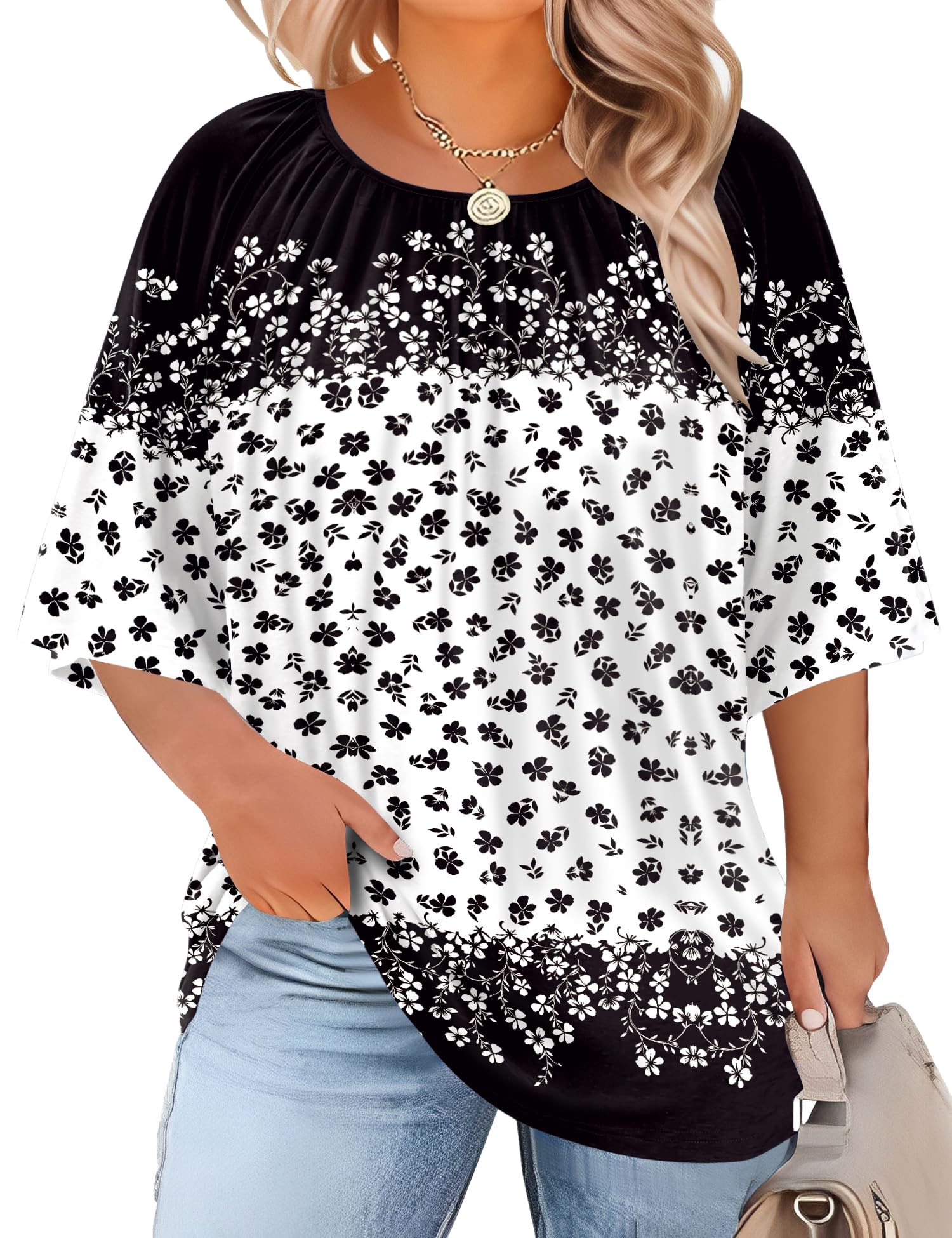 LOMON Womens Plus Size Tops Summer 3/4 Length Sleeve Crewneck Blouses Dressy Casual Loose Curvy Flowy Tunic Shirts 1X-5X