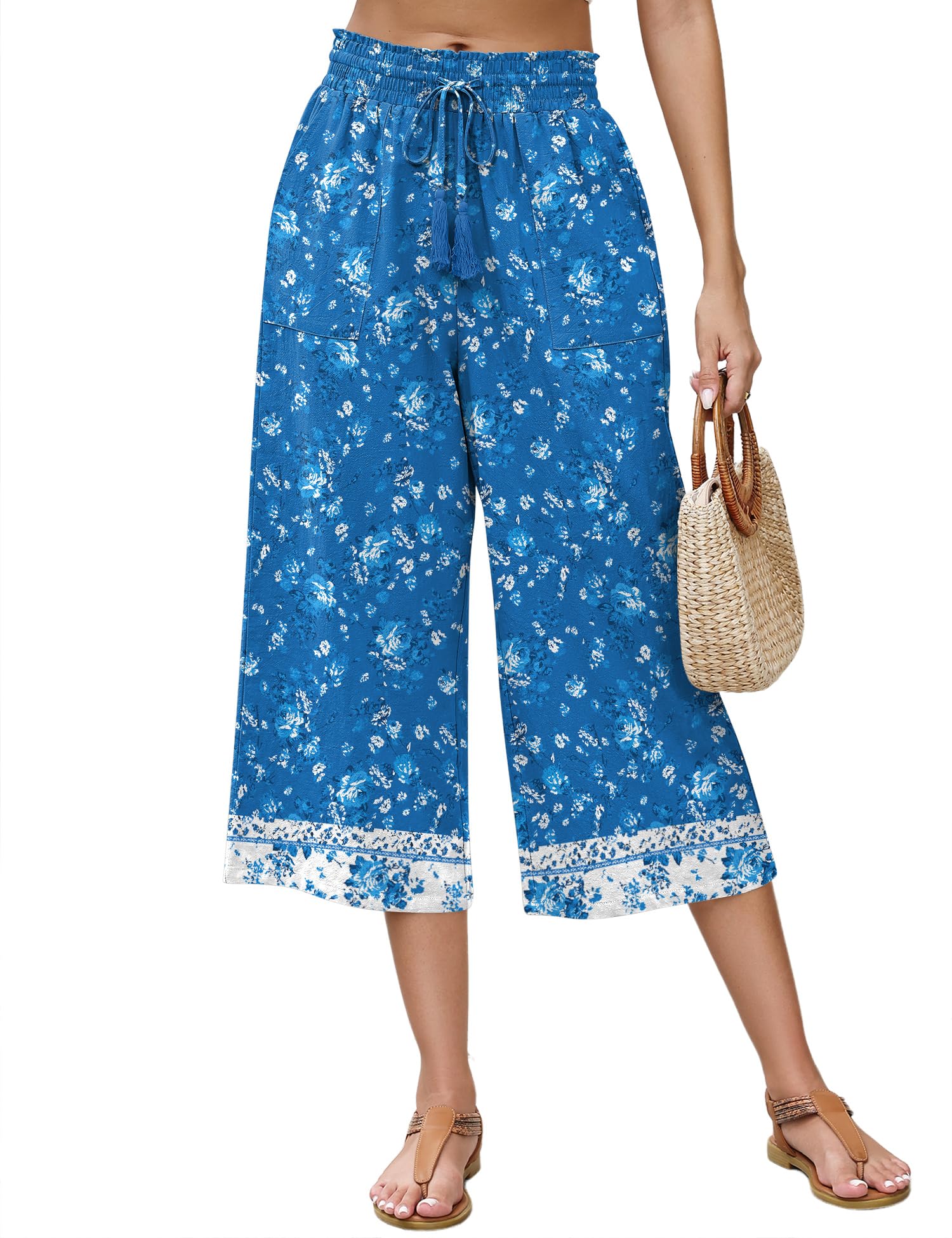 LOMON Women's Linen Capri Pants Wide Leg with Drawstring Elastic Waist Casual Cropped Pant