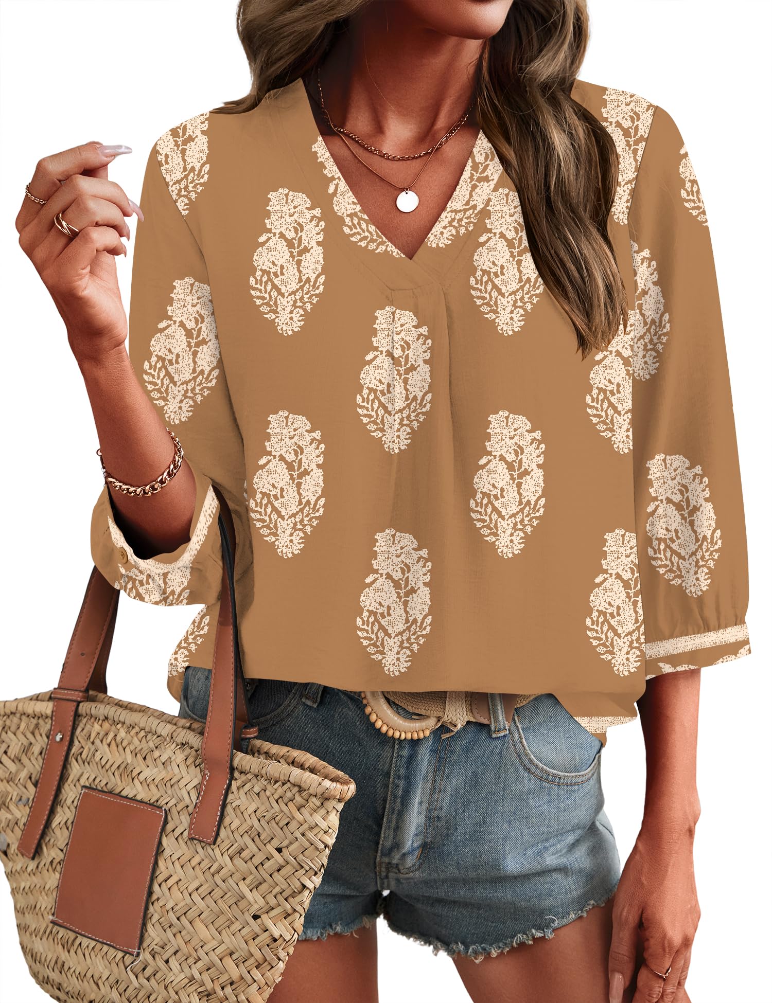 LOMON Womens 3/4 Sleeve V Neck Boho Peasant Blouses Dressy Casual Breathable Soft Tunic Tops with Button Cuffs