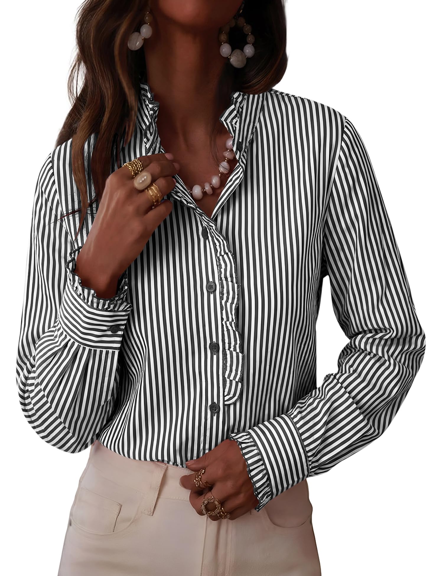 LOMON Button Down Shirts for Women Dressy Casual Long Sleeve Ruffle Blouses Office Tops Work Shirt