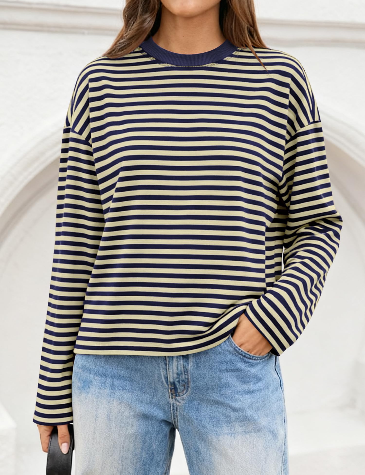 LOMON Striped Long Sleeve Shirt Women Y2k Oversized Crewneck Fall Spring Drop Shoulder Vintage Tops Teen Girl Clothes
