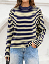 LOMON Striped Long Sleeve Shirt Women Y2k Oversized Crewneck Fall Spring Drop Shoulder Vintage Tops Teen Girl Clothes