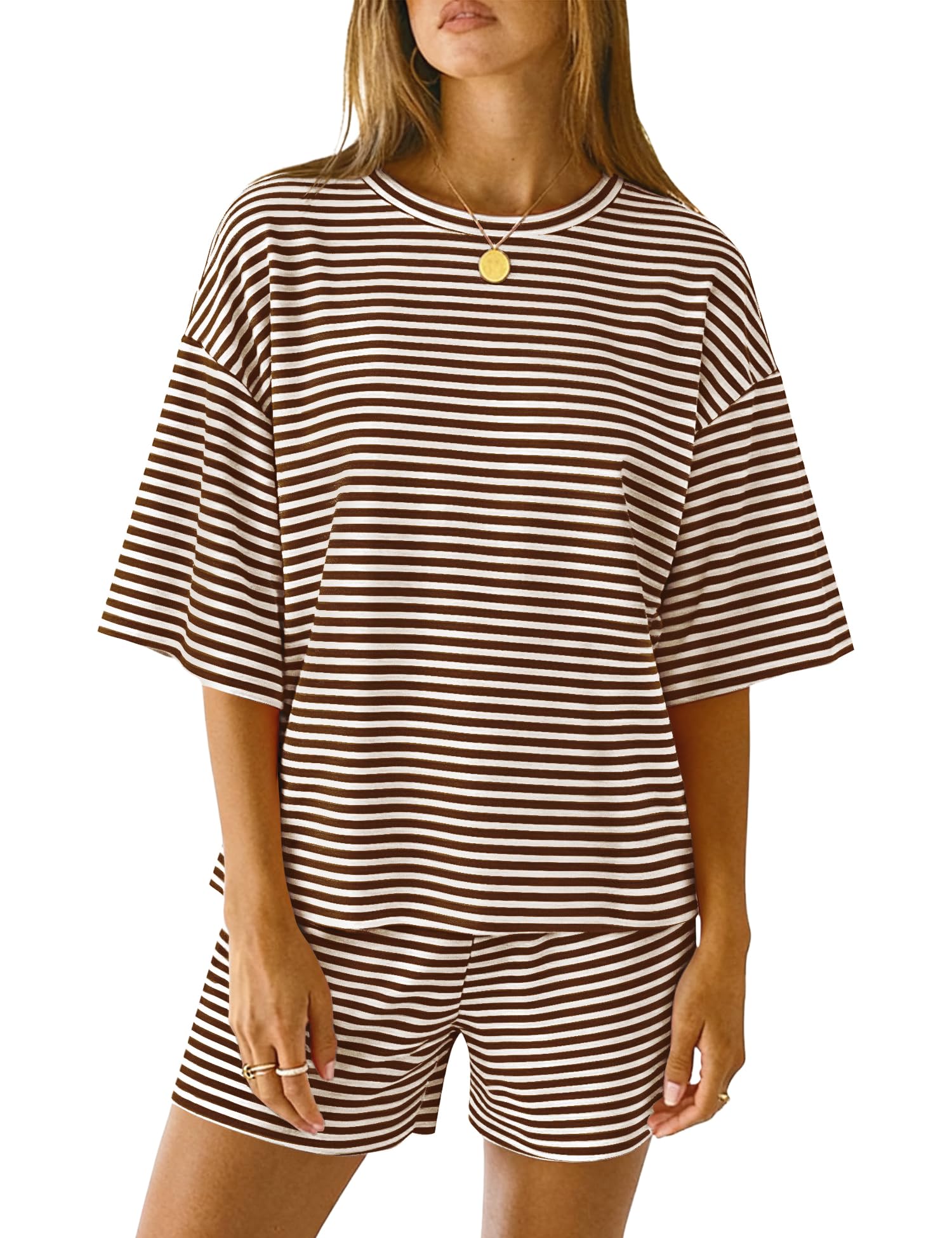 LOMON Two Piece Sets for Women Summer 3/4 Sleeve Tops and Elastic Waist Shorts Pajamas Cute Comfy Soft Lounge Striped Pjs