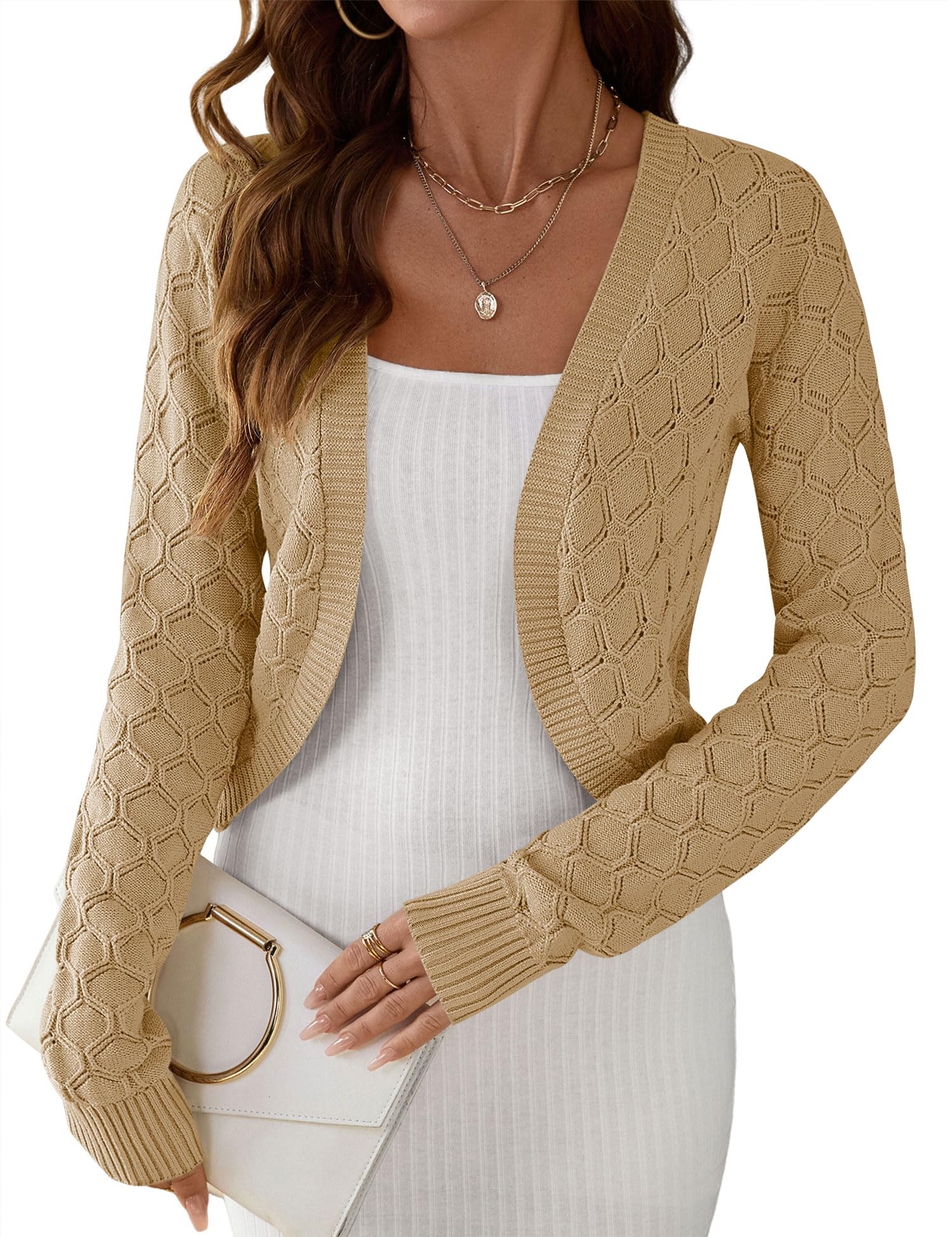 LOMON Womens Cropped Cardigan Bolero Shrugs for Dresses Knit Open Front Long Sleeve Sweater