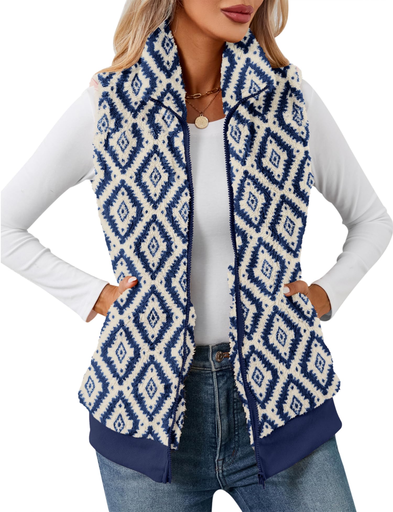 LOMON Womens Fuzzy Fleece Vest, Casual Warm Sleeveless Zip Up Sherpa Vest Jacket with Pockets for Fall/Winter