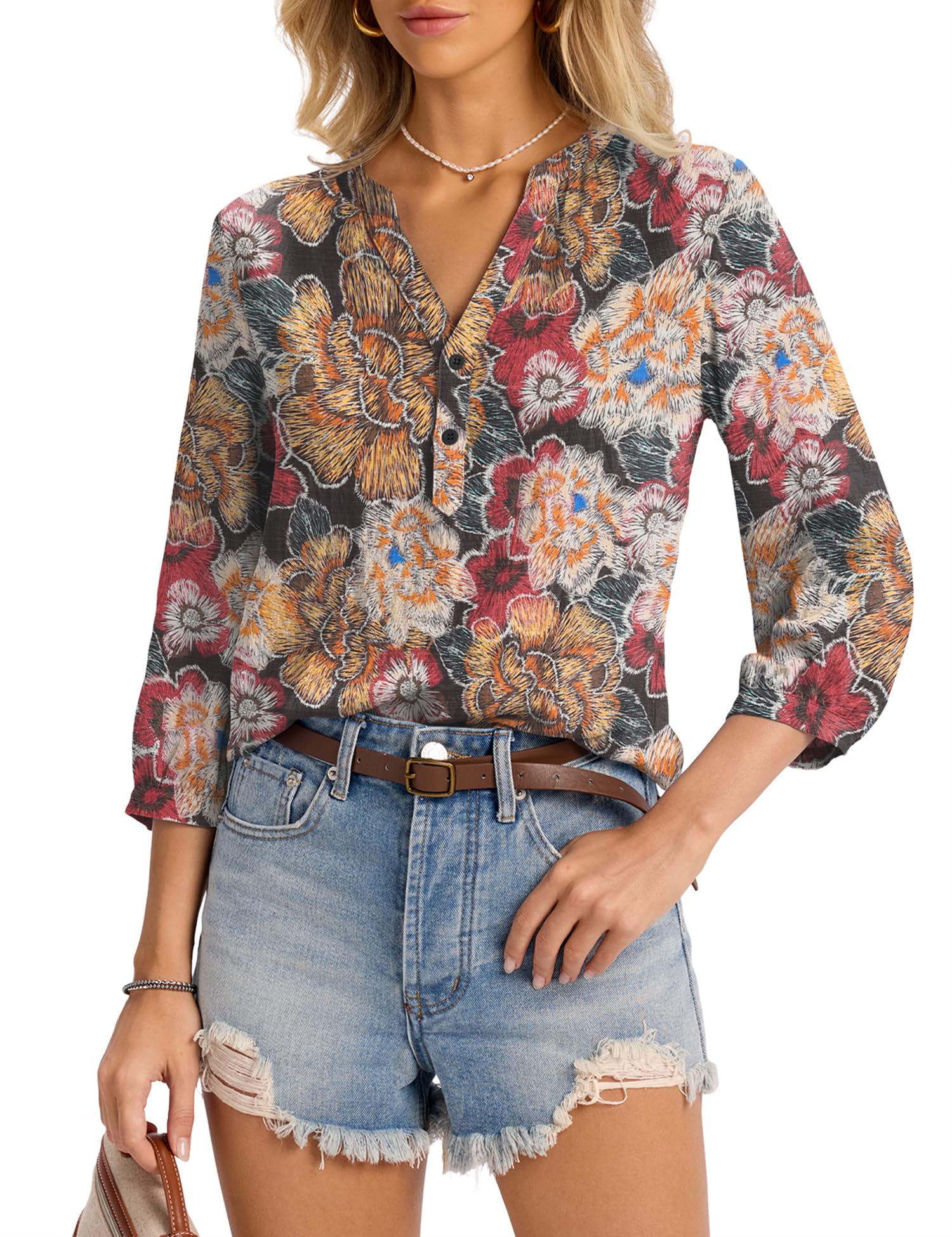 LOMON Womens Tops Dressy Summer 3/4 Length Sleeve Henley V Neck Button Down Shirts Pleated Blouses S-XXL