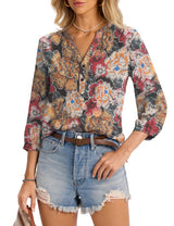 LOMON Womens Tops Dressy Summer 3/4 Length Sleeve Henley V Neck Button Down Shirts Pleated Blouses S-XXL