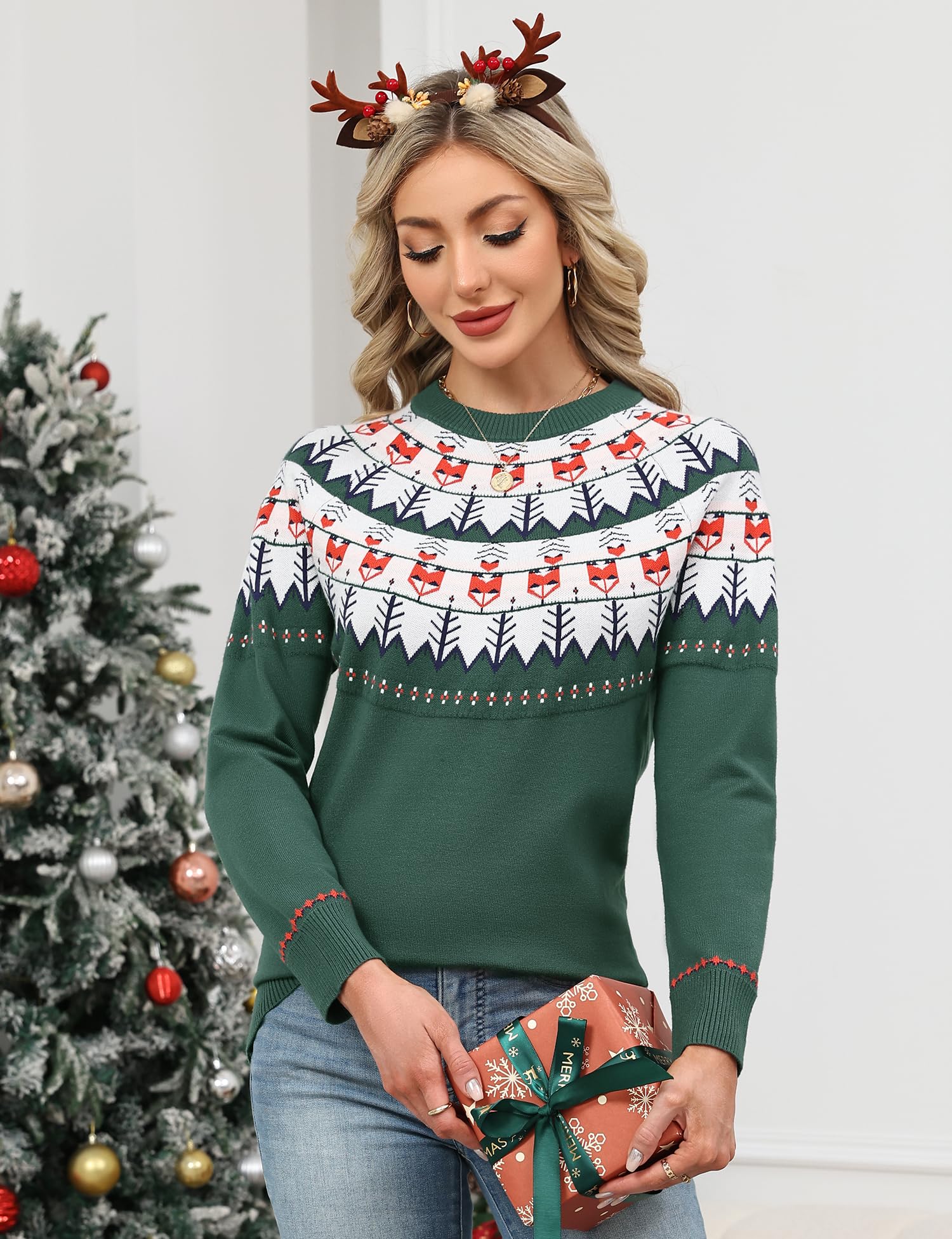 LOMON Womens Casual Lightweight Vintage Fair Isle Sweater Raglan Sleeve Crew Neck Knitted Pullover Comfy Warm Fall Tops