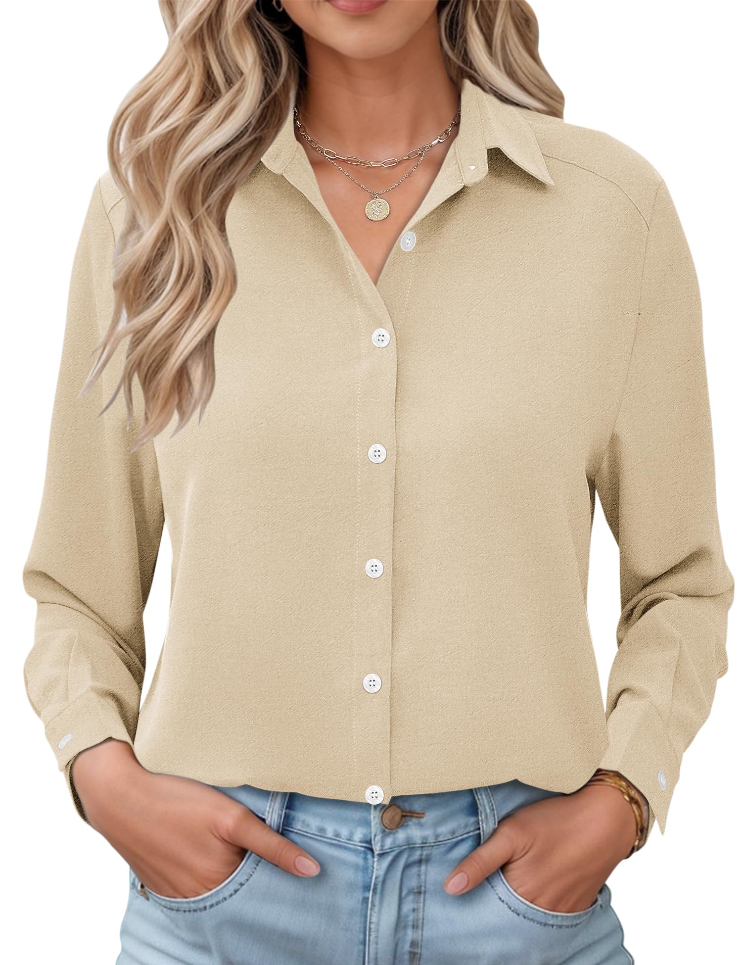 LOMON Womens Long Sleeve Button Down Shirts Casual Loose Fit Cotton Collared Blouses
