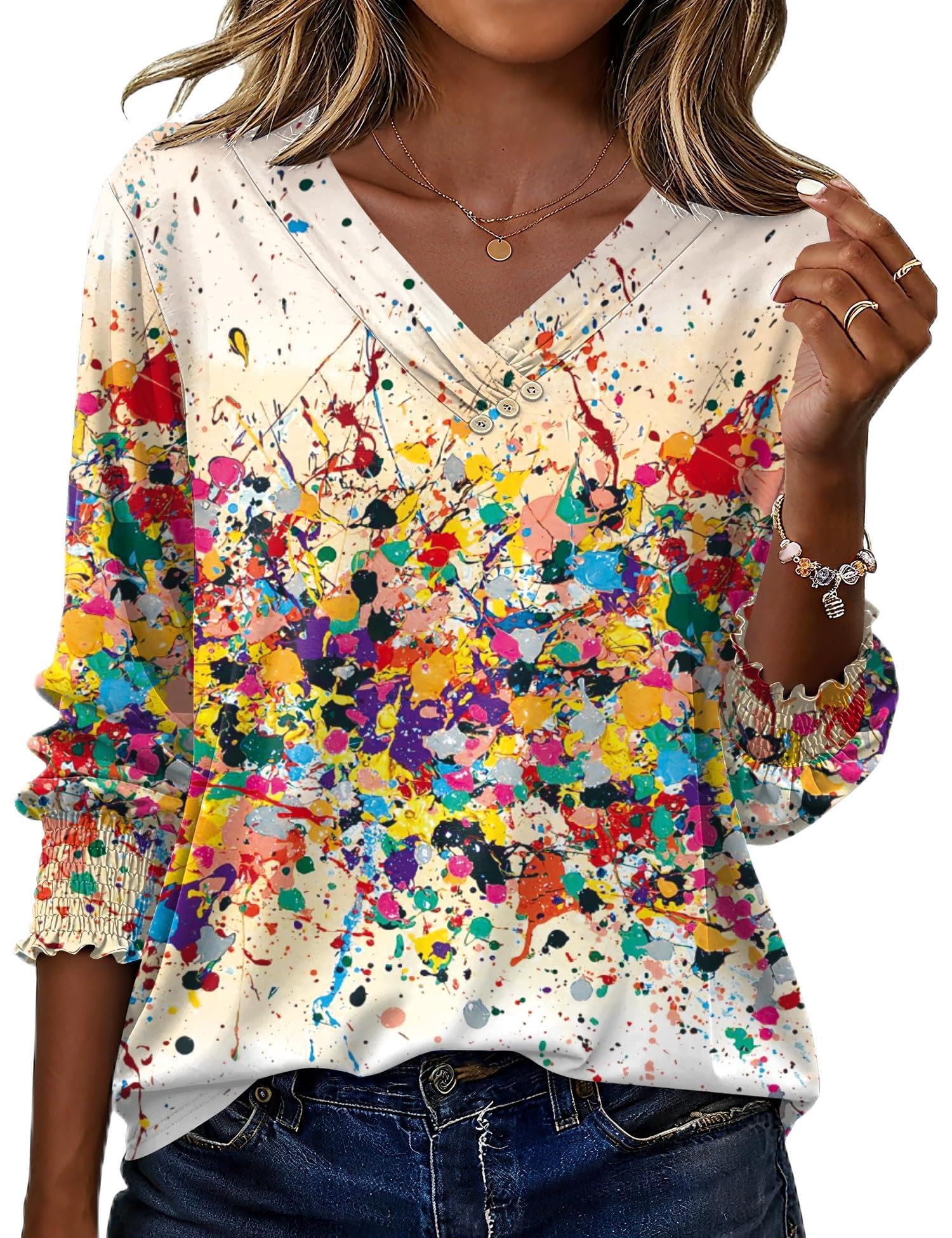 LOMON Blouses for Women Dressy Casual 3/4 Length Sleeve Womens Tops with Buttons Decor