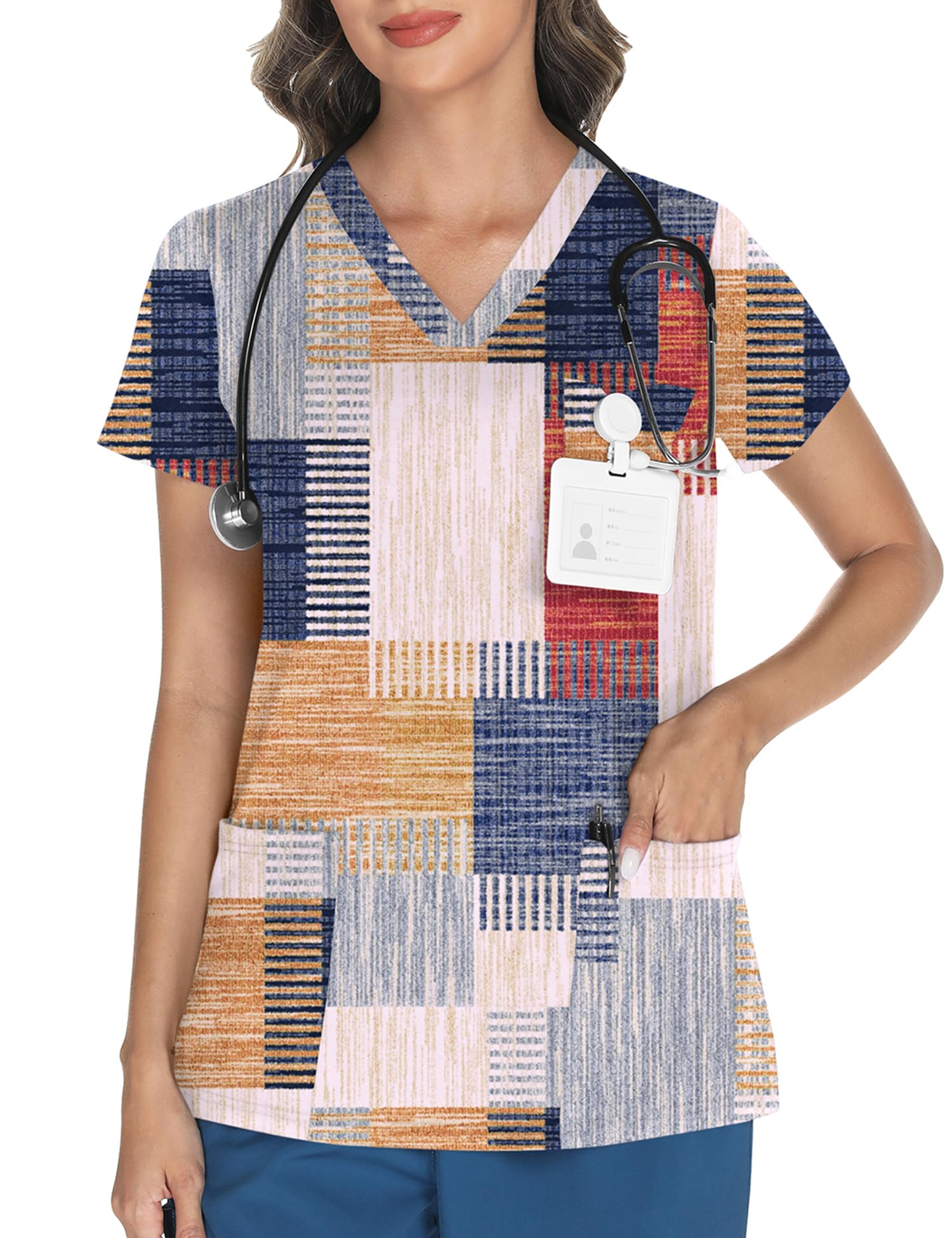 LOMON Women's V Neck Printed Scrub Top with 3 Pockets