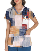 LOMON Women's V Neck Printed Scrub Top with 3 Pockets