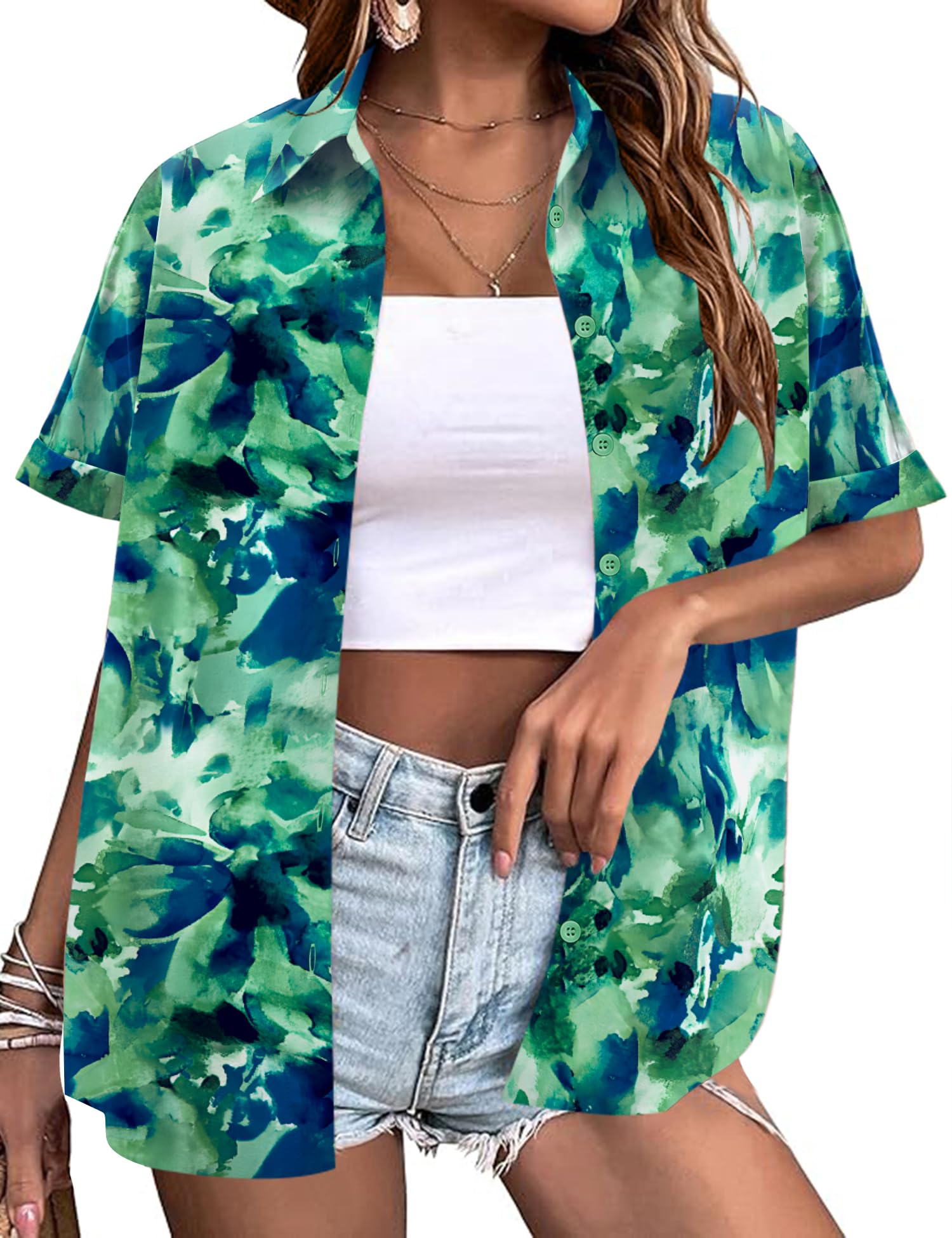 LOMON Women's Summer Hawaiian Shirts Floral Short Sleeve Button Down Shirts Hawaii Tropical Beach Tops Outfits