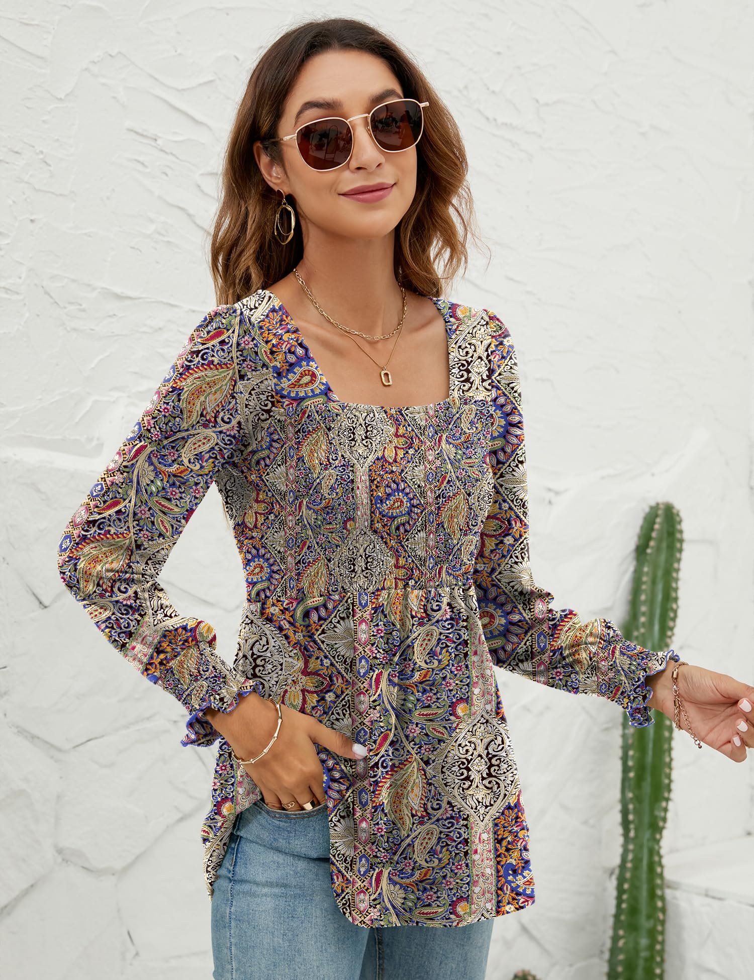 LOMON Blouses for Women Puff Long Sleeve Shirts Square Neck Casual Smocked Tunic Tops 2024 Spring Fall Winter Clothes S-XL