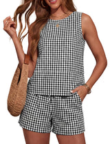 LOMON Women's Trendy 2 Piece Outfits Shorts Sets Summer Crew Neck Sleeveless Tank Top and Bottom Matching with Pockets 2026