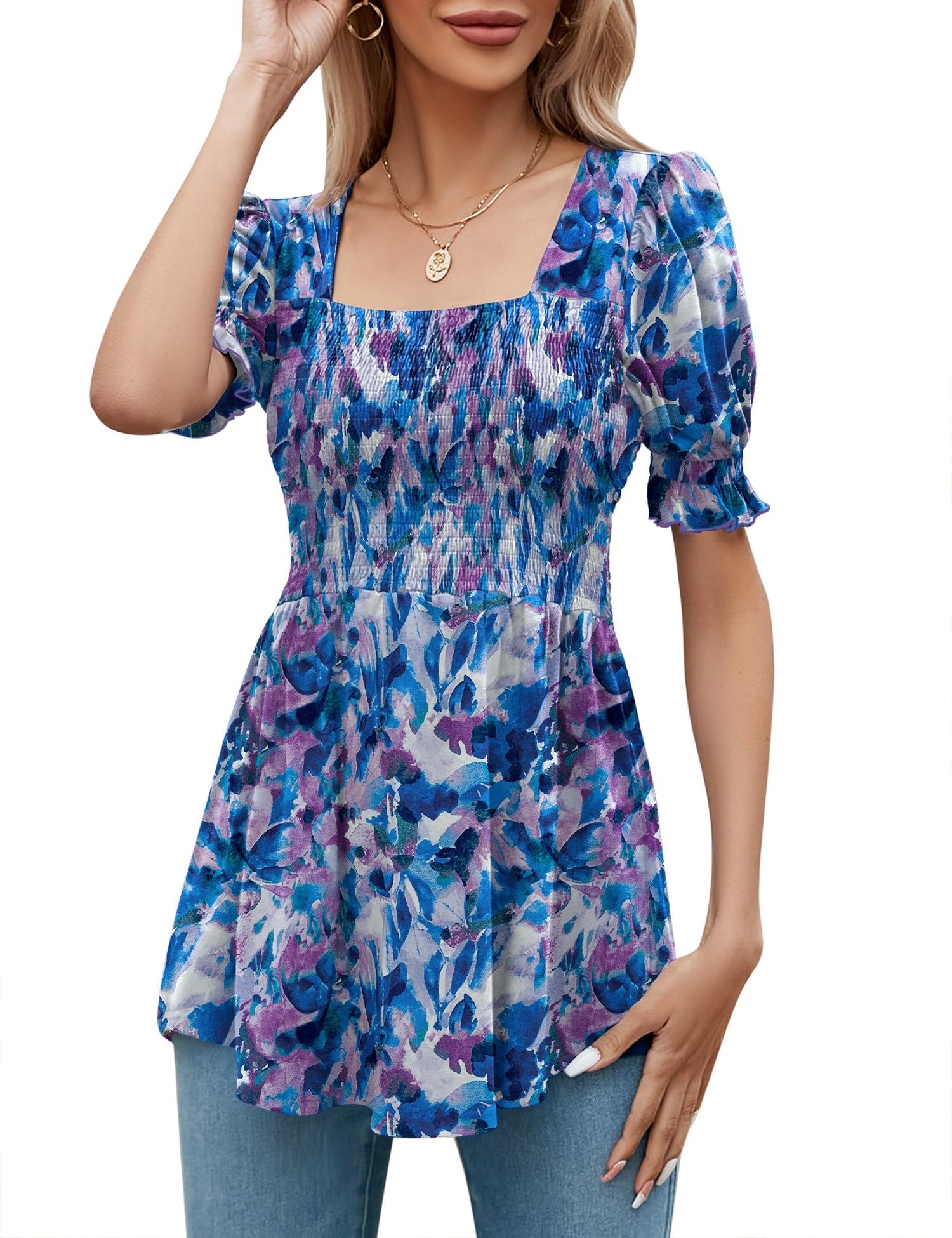 LOMON Women's Tunics Square Neck Puff Short Sleeve Smocked Top Ladies Peplum Blouse Tee Shirts 2025 Spring Summer S-XL