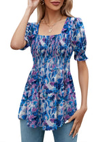LOMON Women's Tunics Square Neck Puff Short Sleeve Smocked Top Ladies Peplum Blouse Tee Shirts 2025 Spring Summer S-XL