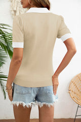 LOMON Womens Puff Short Sleeve Polo Sweater V Neck Knitted Tops Casual Ribbed Shirt Pullover Blouse