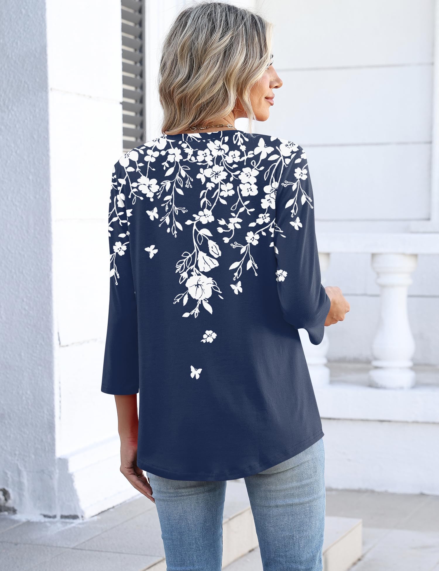 Lomon Women's V Neck T Shirts 3/4 Sleeve Blouse Summer Tops Dressy Casual Basic Tees