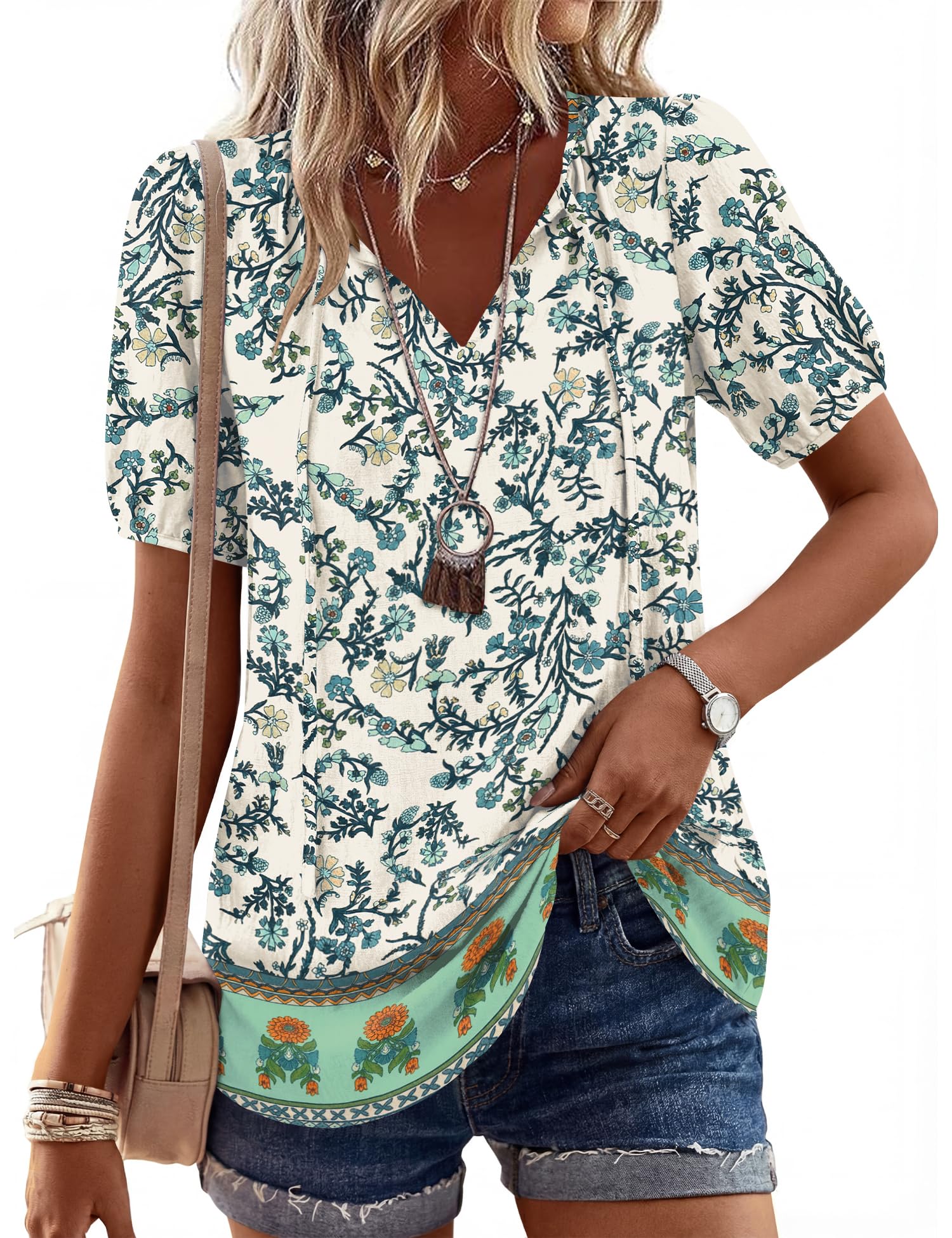 LOMON Boho Tops for Women Summer V-Neck Tie Front Peasant Blouses Casual Puff Sleeve Loose-Fit Flowy Shirts Beach Vacation