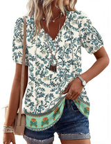 LOMON Boho Tops for Women Summer V-Neck Tie Front Peasant Blouses Casual Puff Sleeve Loose-Fit Flowy Shirts Beach Vacation