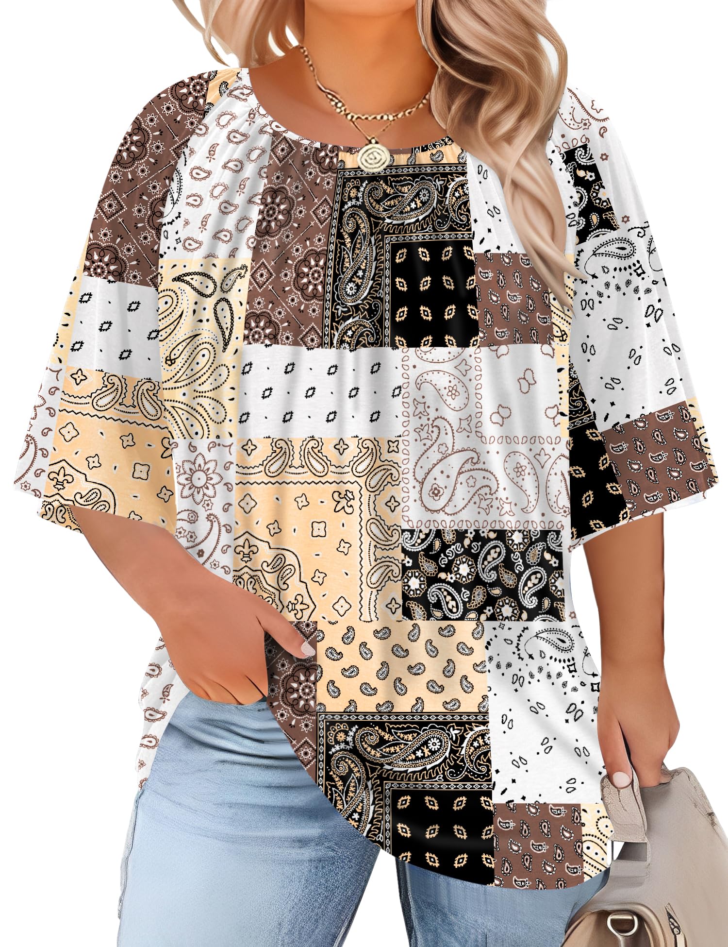LOMON Womens Plus Size Tops Summer 3/4 Length Sleeve Crewneck Blouses Dressy Casual Loose Curvy Flowy Tunic Shirts 1X-5X