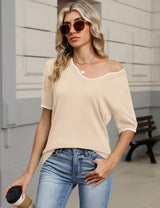 LOMON Womens 2026 Spring V Neck Sweater Casual Tops Short Sleeve Lightweight Ribbed Knit Pullover Sweaters