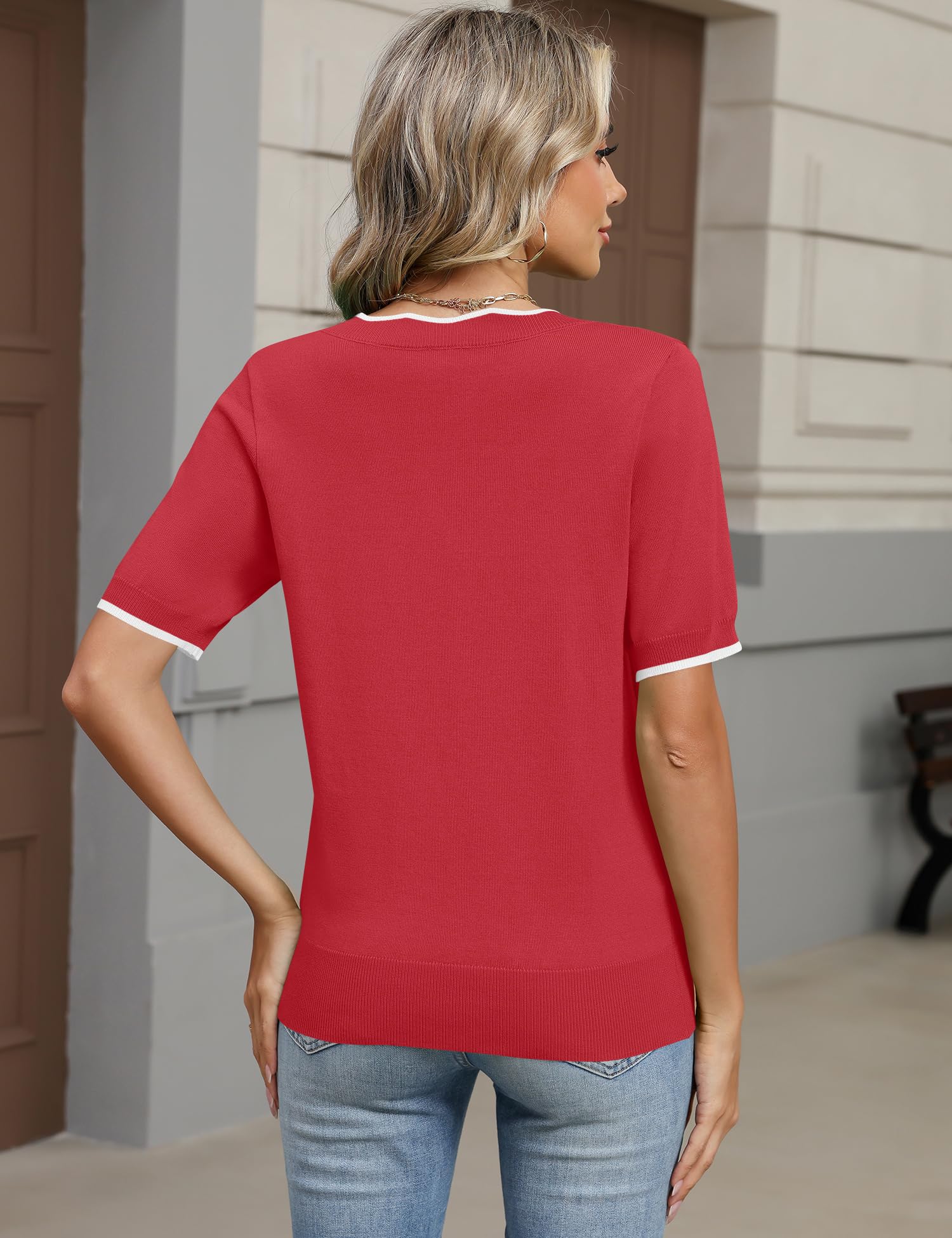 LOMON Womens 2026 Spring V Neck Sweater Casual Tops Short Sleeve Lightweight Ribbed Knit Pullover Sweaters