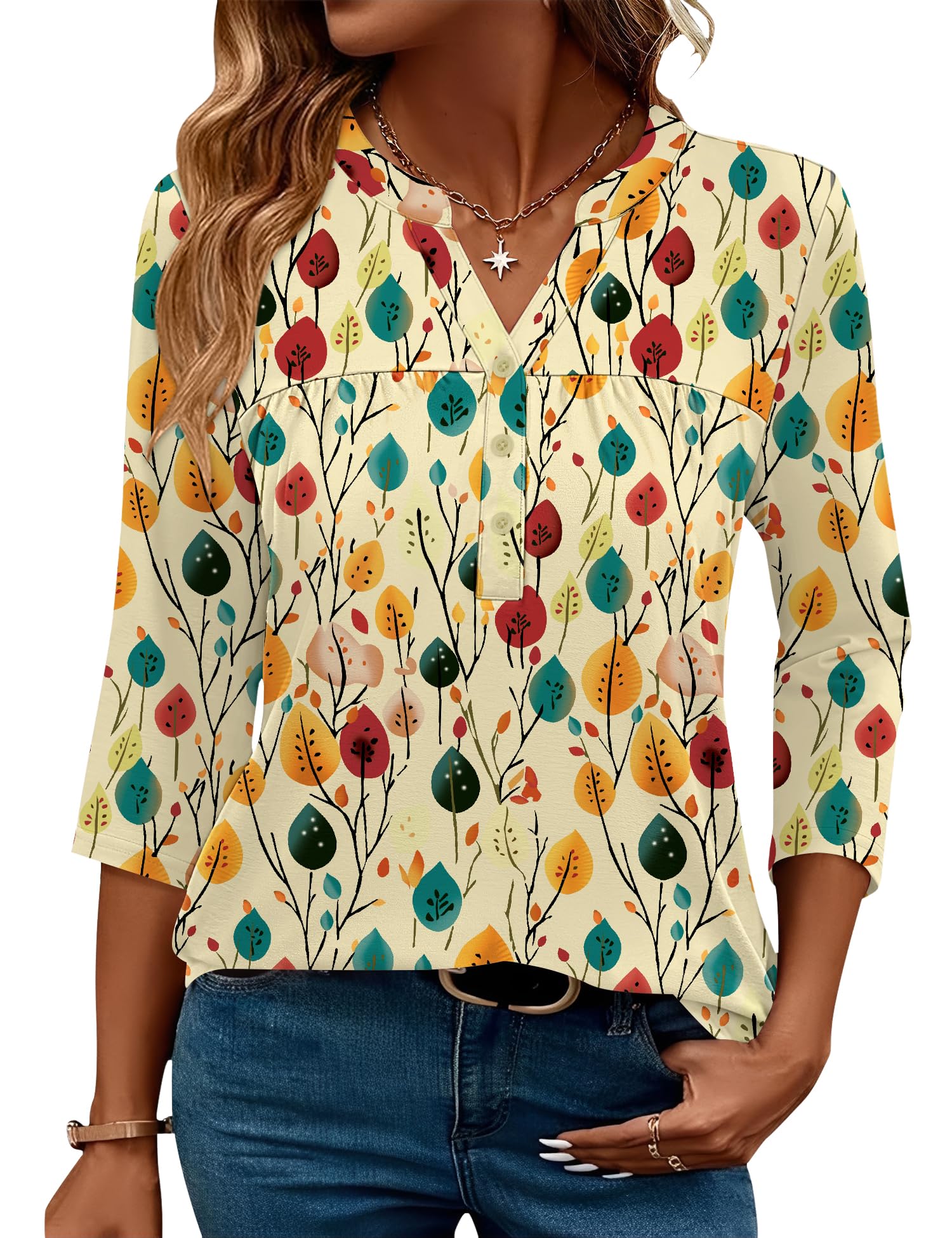 LOMON Womens Tops 3/4 Sleeve Botton Down Shirts Casual V Neck Tunic Blouses Pleated Fashion Summer Tees 2026 Trendy S-3XL