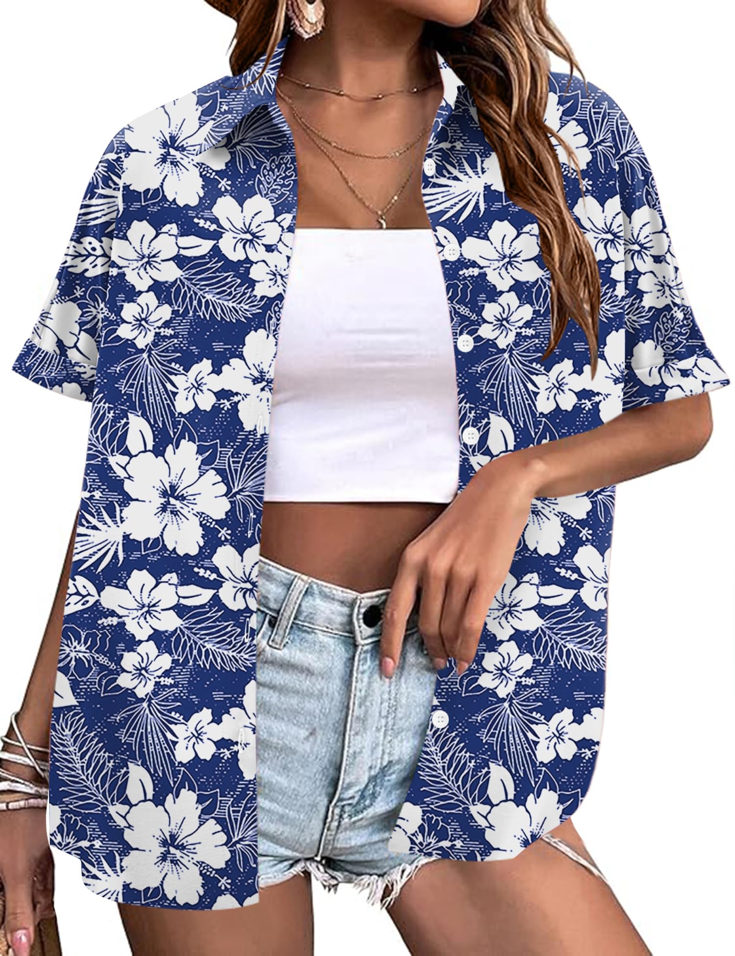 LOMON Women's Summer Hawaiian Shirts Floral Short Sleeve Button Down Shirts Hawaii Tropical Beach Tops Outfits