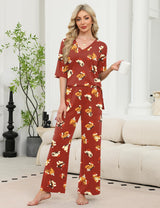 LOMON Women's 2 Piece Lounge Pajama Sets Soft 3/4 Sleeve Tops and Wide Leg Pants Loose Casual Outfits with Pockets