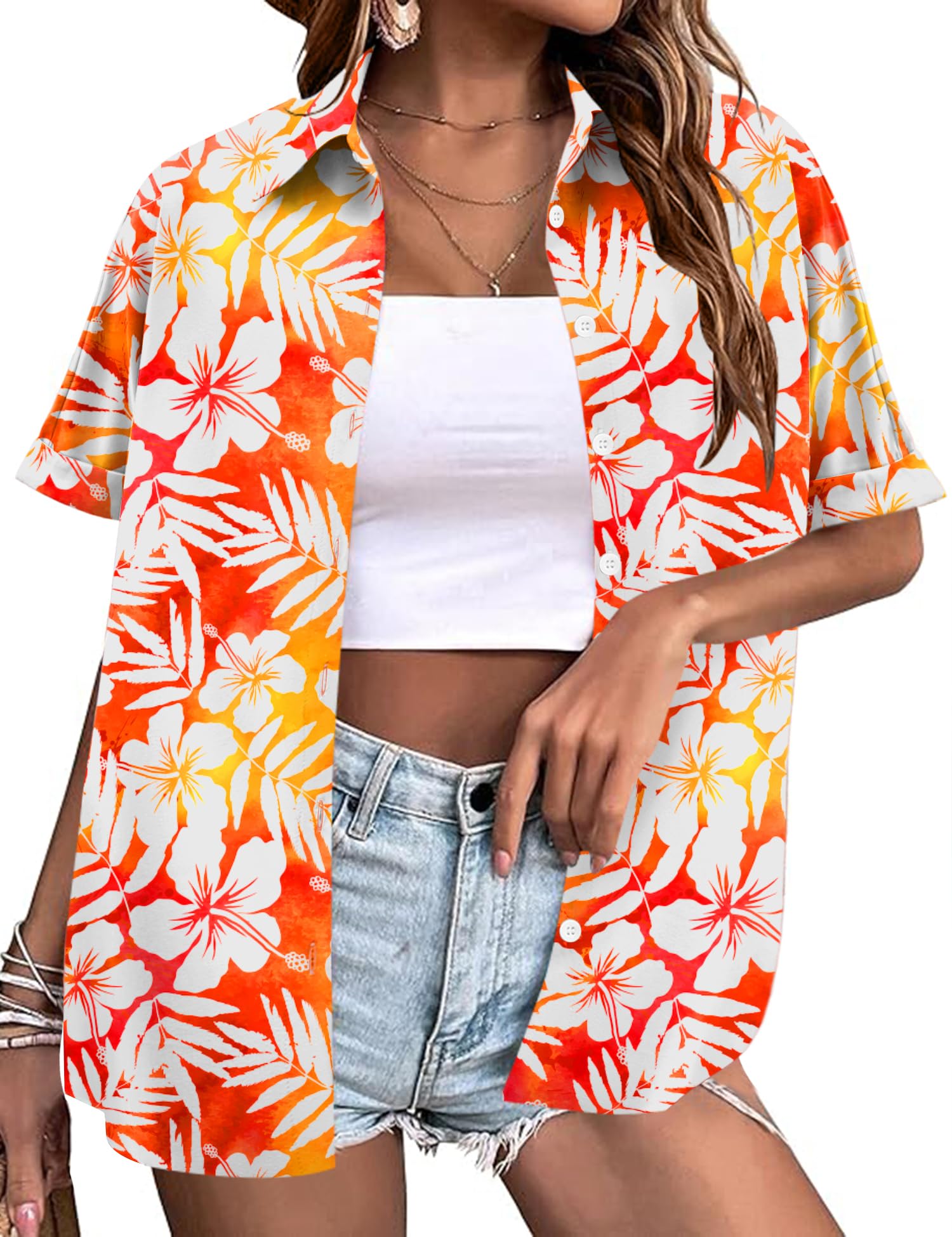 LOMON Women's Summer Hawaiian Shirts Floral Short Sleeve Button Down Shirts Hawaii Tropical Beach Tops Outfits