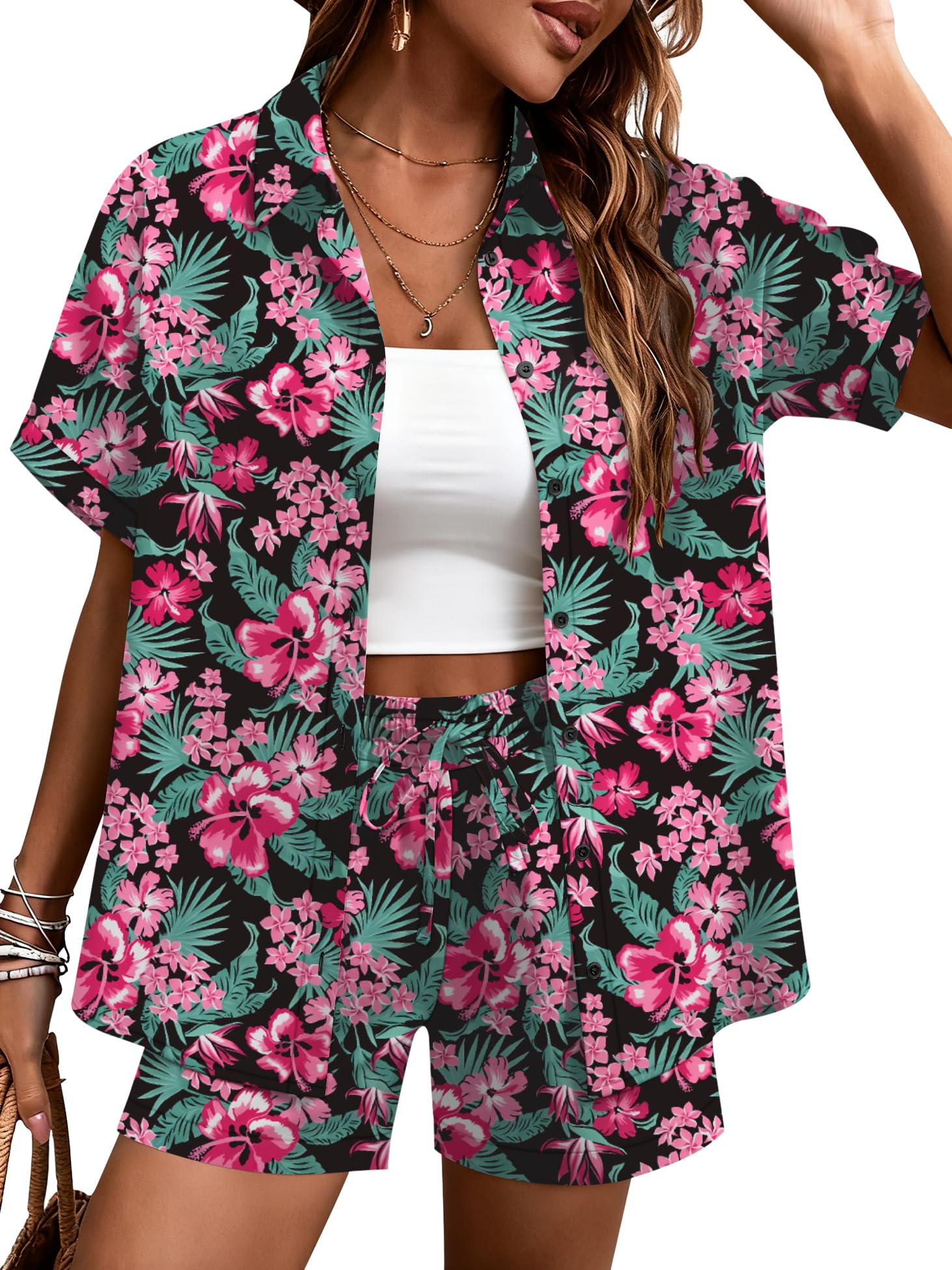 LOMON Women's 2 Piece Hawaiian Vacation Outfits Tropical Print Short Sleeve Shirts and Shorts Beach Sets Resort Wear