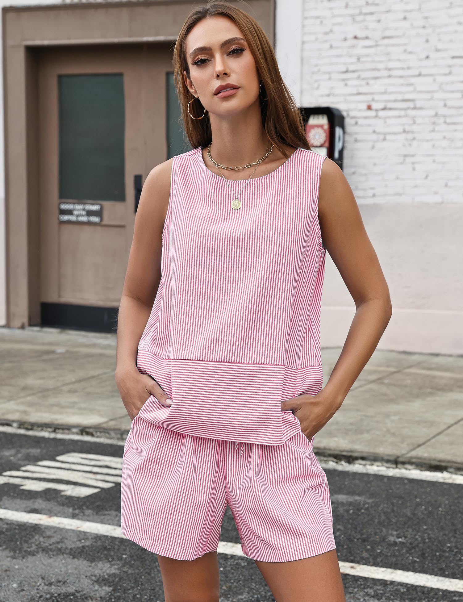 LOMON Women's Trendy 2 Piece Outfits Shorts Sets Summer Crew Neck Sleeveless Tank Top and Bottom Matching with Pockets 2026