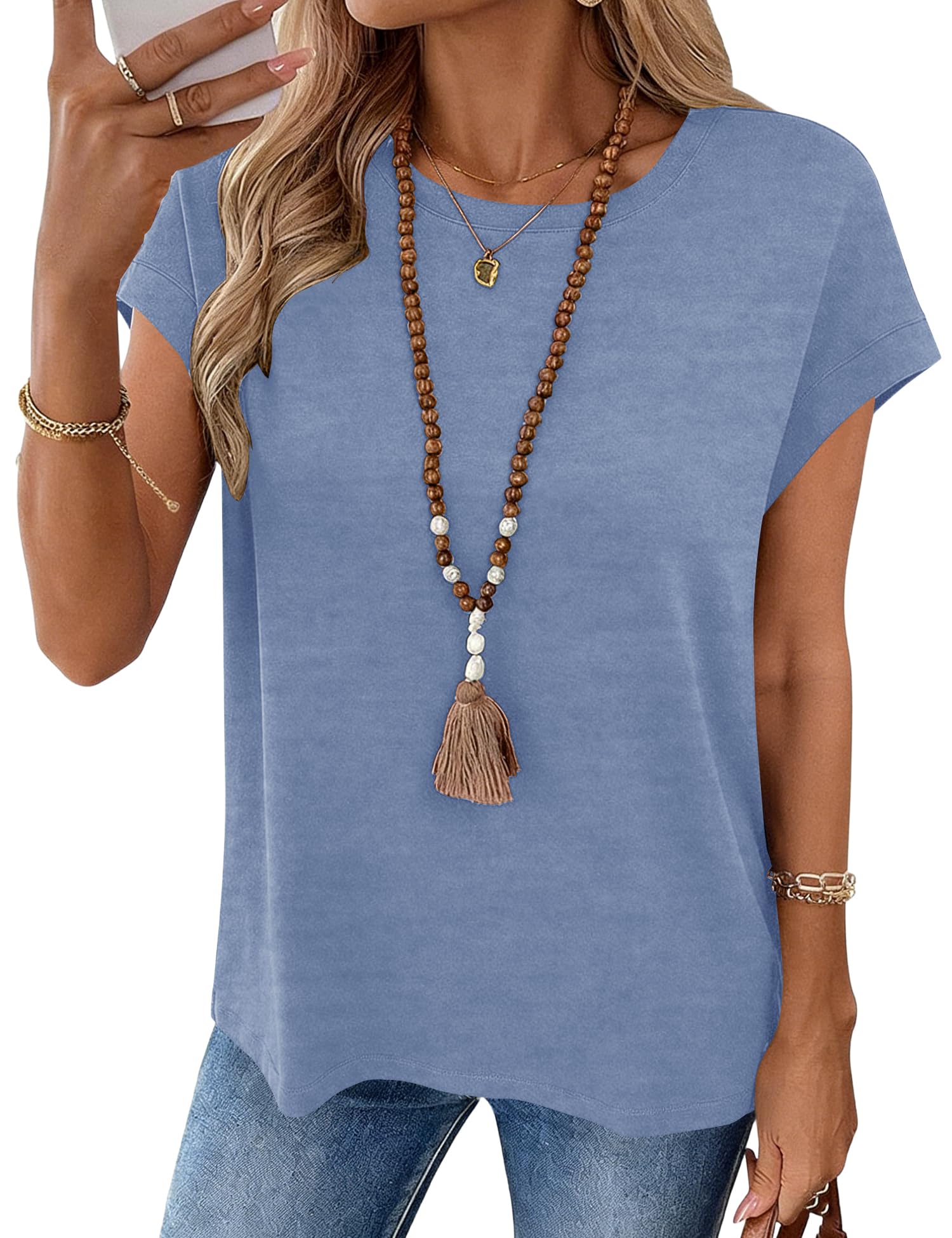 LOMON Womens Summer Tops Short Sleeve Shirts Cap Sleeve Tops Crew Neck Cute Trendy Tunic Blouses Dressy Casual Outfits 2026