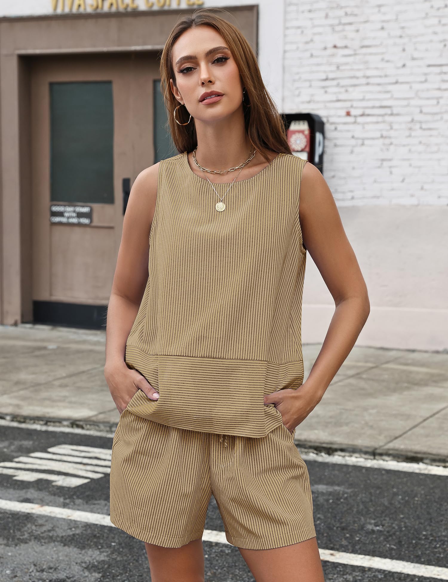 LOMON Women's Trendy 2 Piece Outfits Shorts Sets Summer Crew Neck Sleeveless Tank Top and Bottom Matching with Pockets 2026