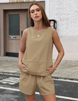 LOMON Women's Trendy 2 Piece Outfits Shorts Sets Summer Crew Neck Sleeveless Tank Top and Bottom Matching with Pockets 2026