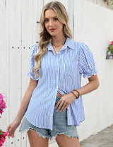 LOMON Linen Shirts for Women Puff Sleeve Button Down Summer Casual Cotton Linen Blouses Collared Work Tops Dressy