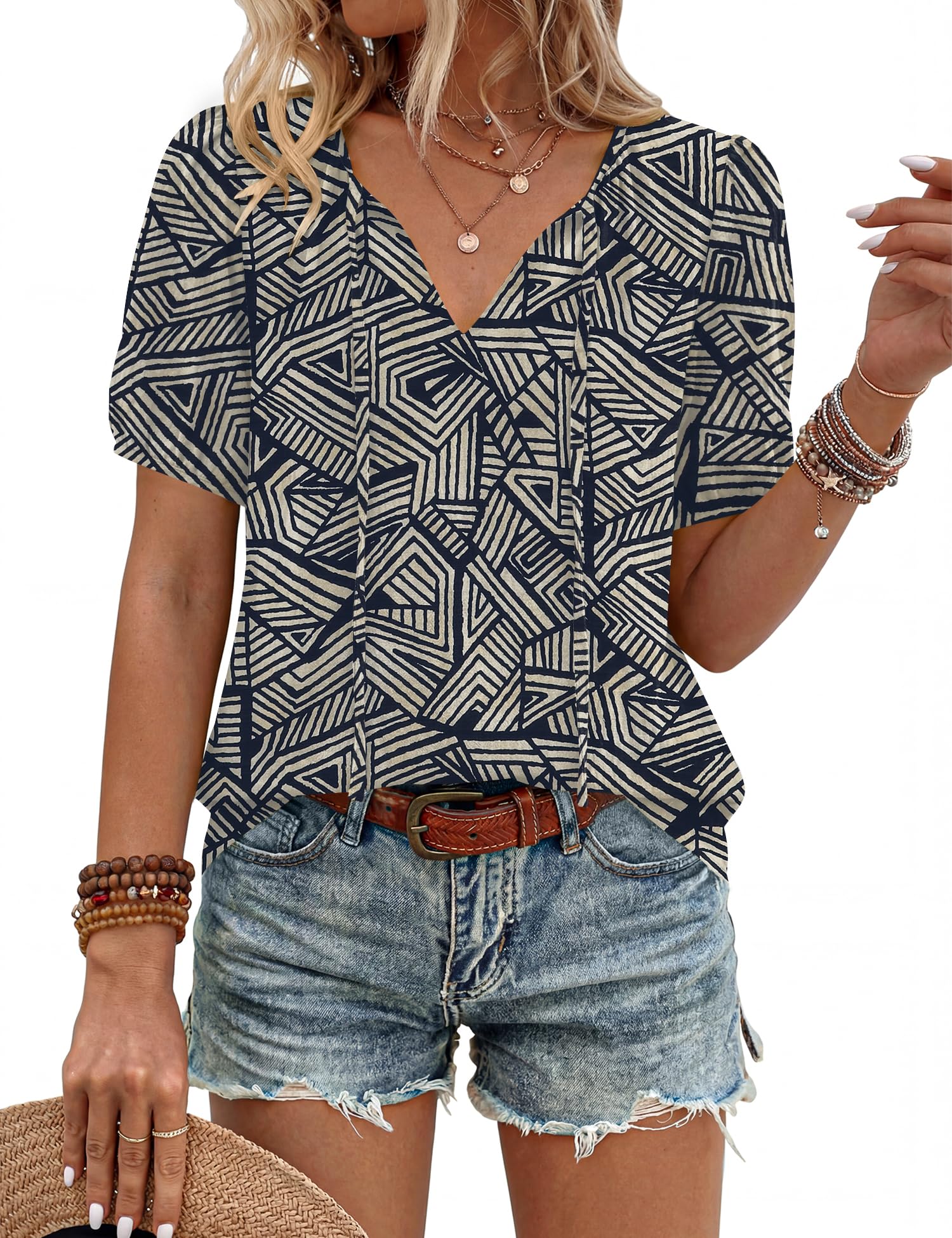 LOMON Boho Tops for Women Summer V-Neck Tie Front Peasant Blouses Casual Puff Sleeve Loose-Fit Flowy Shirts Beach Vacation