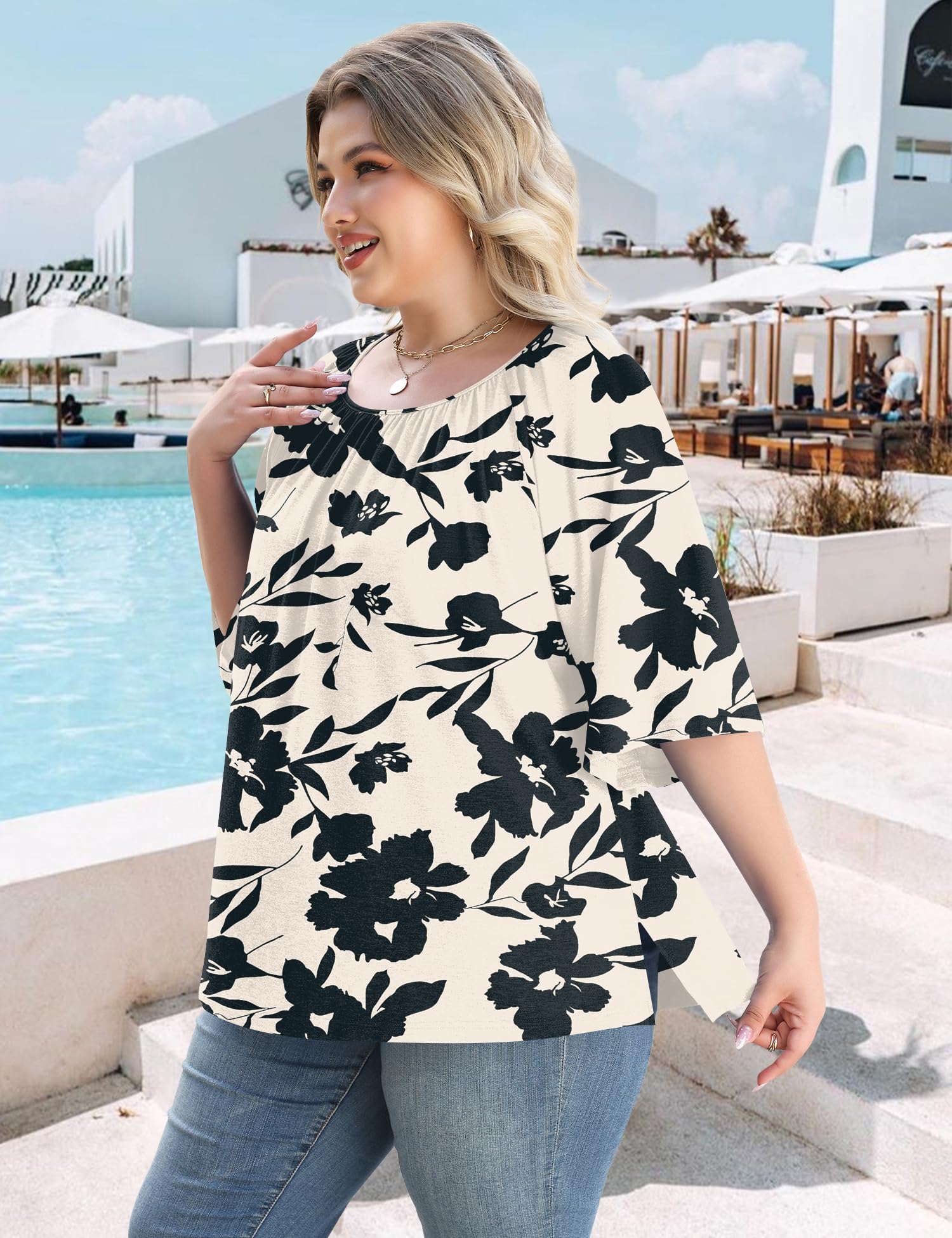 LOMON Womens Plus Size Tops Summer 3/4 Length Sleeve Crewneck Blouses Dressy Casual Loose Curvy Flowy Tunic Shirts 1X-5X