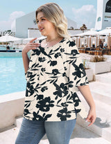 LOMON Womens Plus Size Tops Summer 3/4 Length Sleeve Crewneck Blouses Dressy Casual Loose Curvy Flowy Tunic Shirts 1X-5X