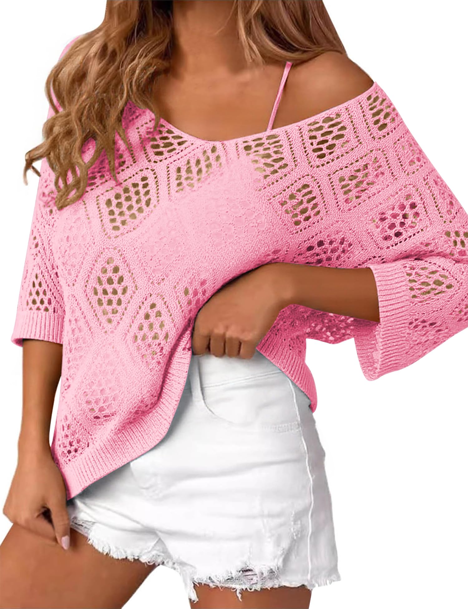 LOMON Womens 3/4 Sleeve Crochet Tops Off Shoulder Hollow Out Sweater V Neck Casual Loose Fit Beach Cover Up
