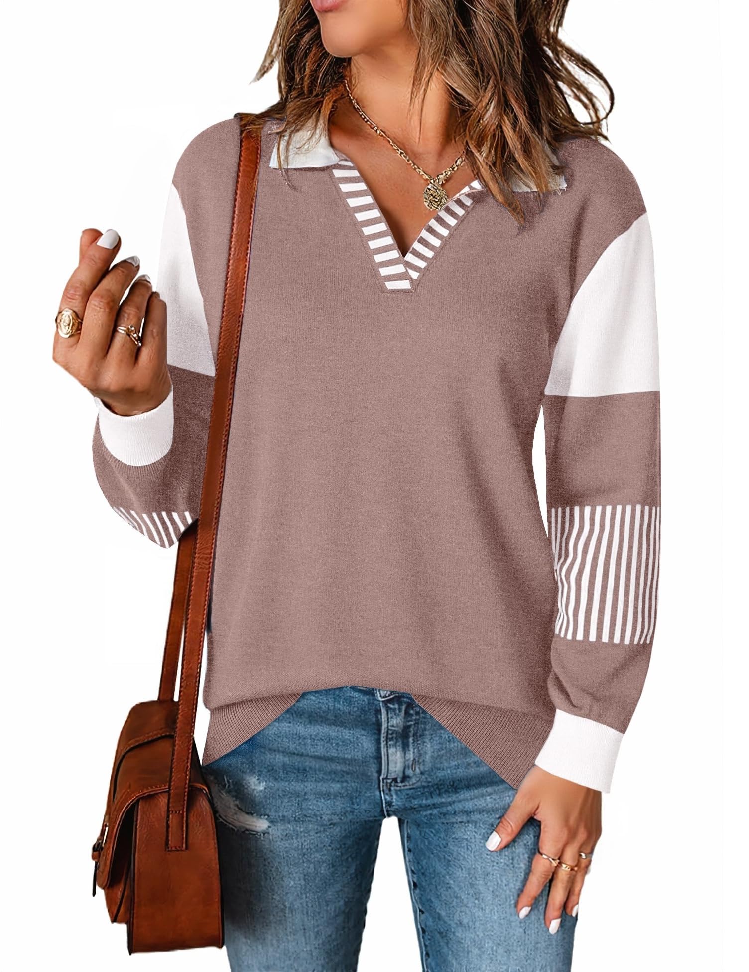 LOMON V Neck Long Sleeve Loose Sweaters Color Block Striped Knitted Pullover Jumper Tops