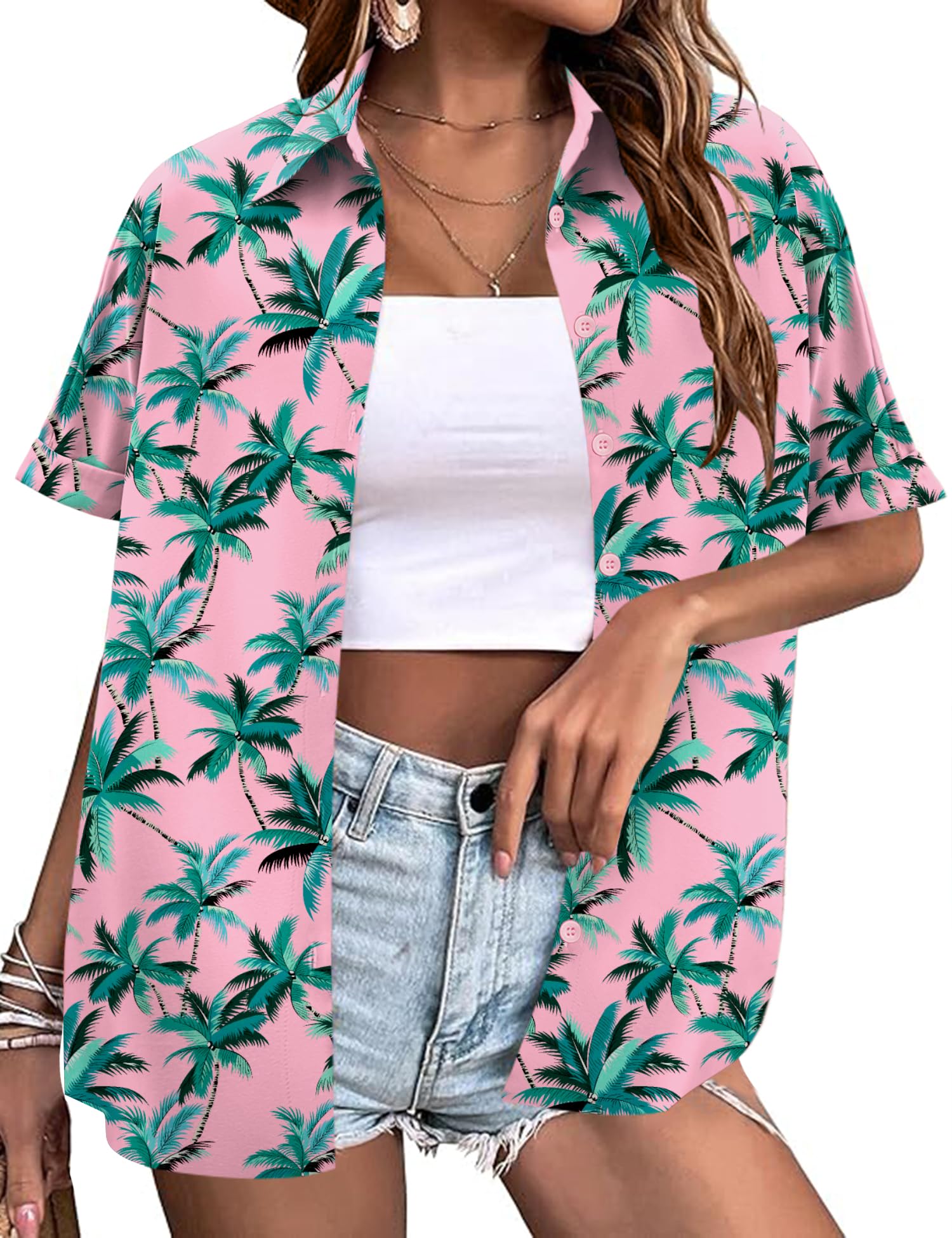 LOMON Women's Summer Hawaiian Shirts Floral Short Sleeve Button Down Shirts Hawaii Tropical Beach Tops Outfits