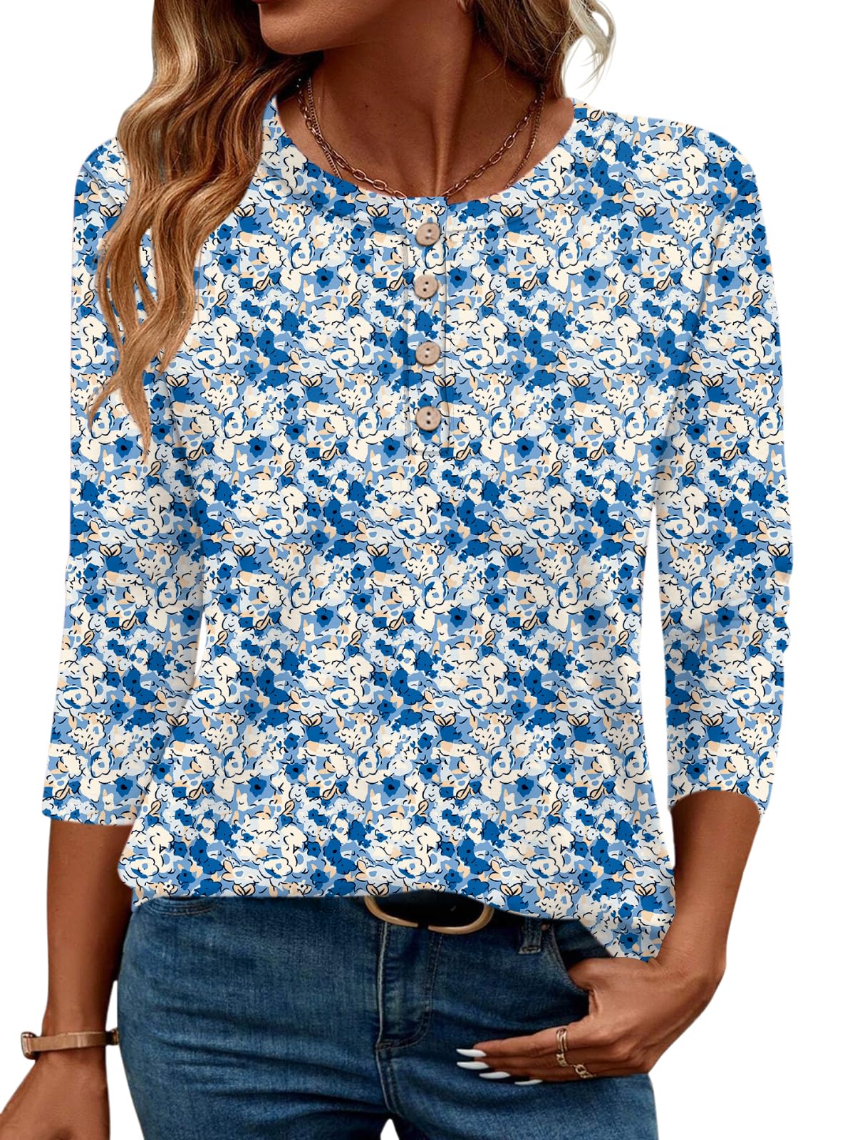LOMON 3/4 Length Sleeve Womens Tops Dressy Casual Crewneck Pullover Tunics Summer Cute Blouses Fashion 2025 Tees Shirts
